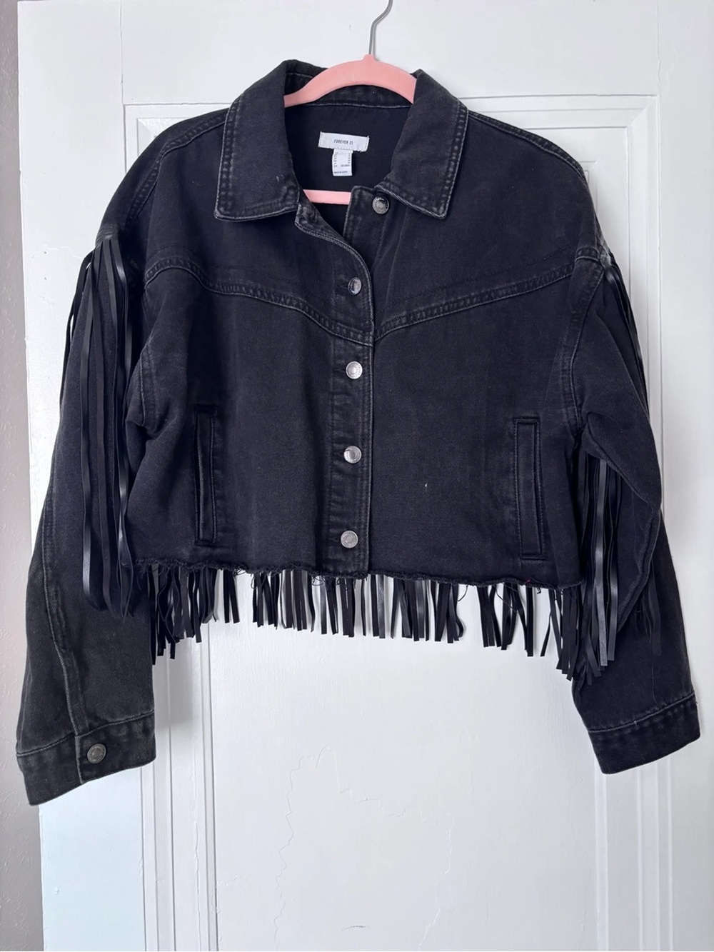 Forever 21+ Black Denim Cropped Fringe Jacket Plus Size 2X Western